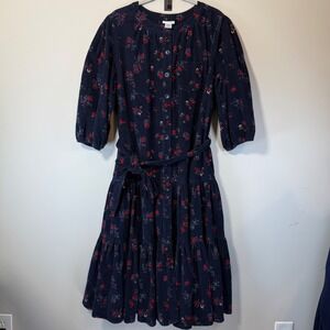 Vermont Country Store Dress Women's XL Corduroy Floral Cottage Core Boho Blue